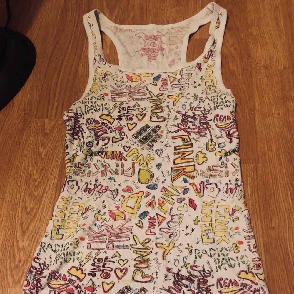 Small Pink graffiti print white racerback tank